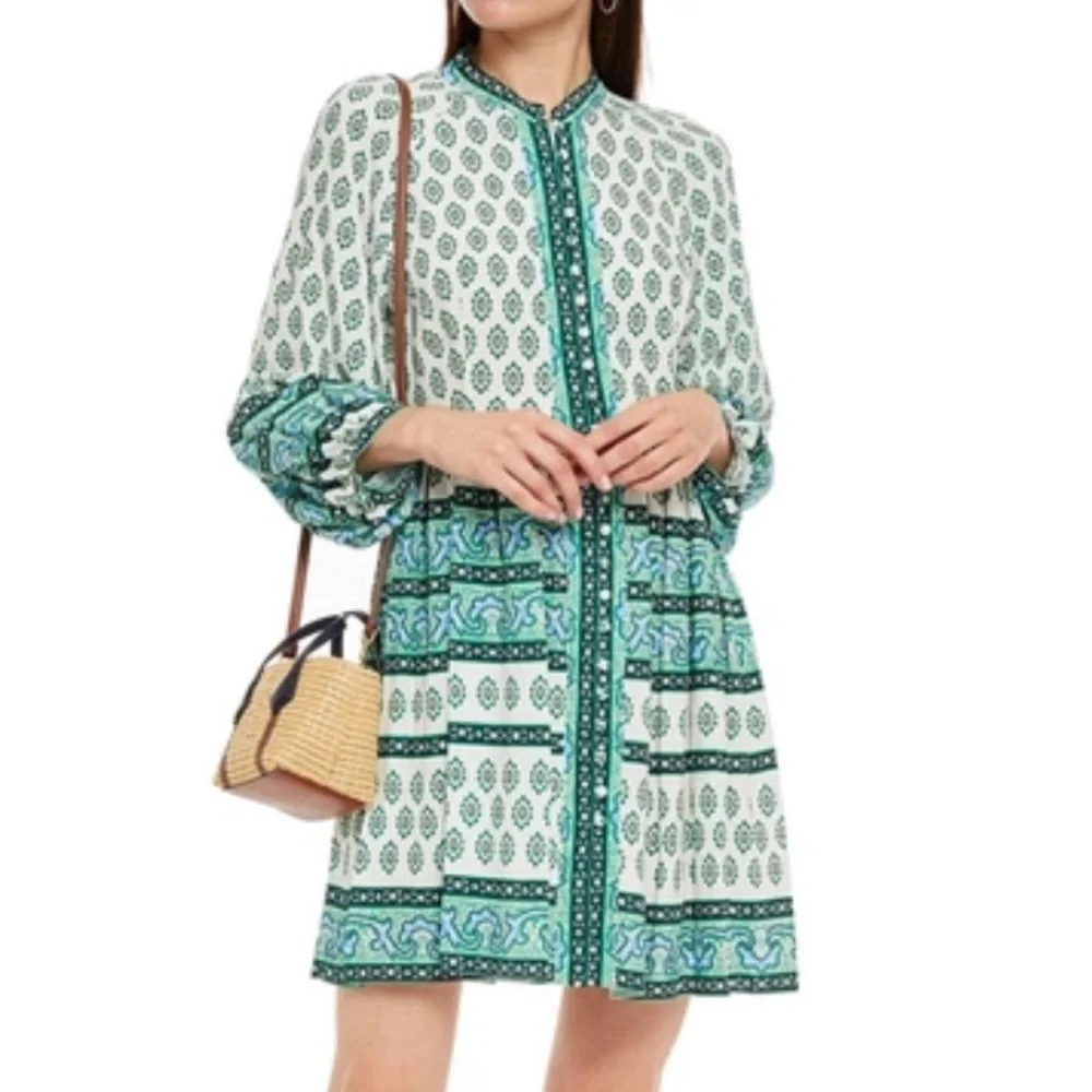 Sandro Paris Green Naima Mix Print Mini Dress Long Sleeve - Picture 1 of 8